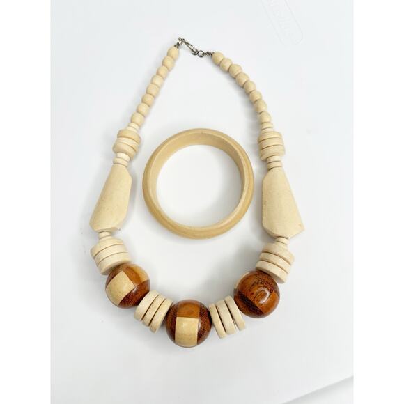 BOHO 1970s Wooden Statement Beaded Necklace & Bangle Set Tribal African Beach - Picture 2 of 5